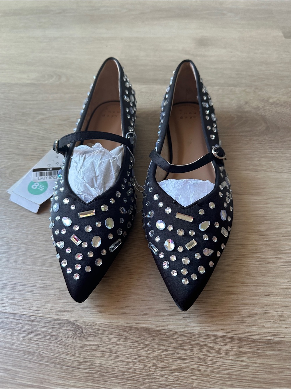 Black Studded Pointed Mary Jane Flats with Strap